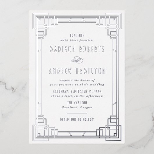 Modern Art Deco Wedding Silver Foil uitnodiging (Voorkant)