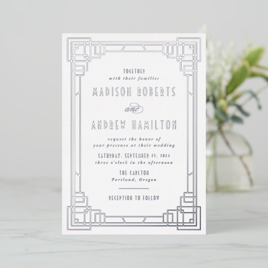 Modern Art Deco Wedding Silver Foil uitnodiging (Staand Voorkant)