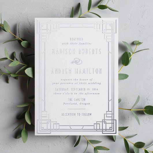 Modern Art Deco Wedding Silver Foil uitnodiging