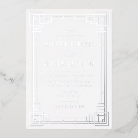 Modern Art Deco Wedding Silver Folie Uitnodiging (Voorkant)