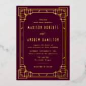 Modern Art Deco Wedding Wine en Gold Folie Uitnodiging (Voorkant)