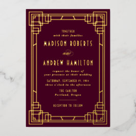 Modern Art Deco Wedding Wine en Gold Folie Uitnodiging