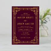 Modern Art Deco Wedding Wine en Gold Folie Uitnodiging (Staand Voorkant)