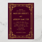 Modern Art Deco Wedding Wine en Gold Folie Uitnodiging (Voorkant)
