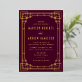 Modern Art Deco Wedding Wine en Gold Folie Uitnodiging (Staand Voorkant)