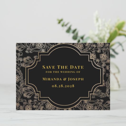 Modern Art Deco Zwart Goud Roos Save The Date Kaar Kaart (Staand voorkant)