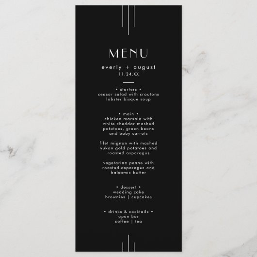 Modern Art Deco Zwart Trouwmenu / EVERLY Suite Menu (Voorkant)