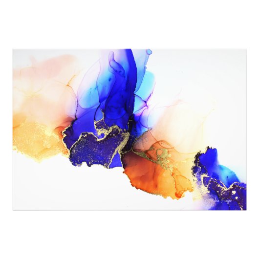 Modern Art Gold Indigo Citrus Alcohol Ink Foto Afdruk (Voorkant)