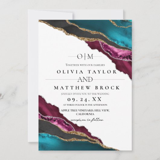 Modern Art Maroon Gray Turquoise Agate Wedding Kaart (Voorkant)