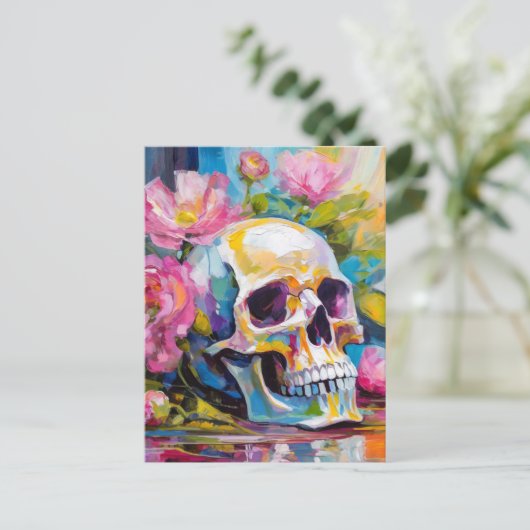 Modern Art Still Life Abstracte schedel en bloemen Briefkaart (Staand voorkant)