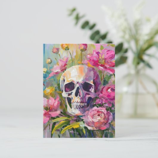 Modern Art Still Life Abstracte schedel en bloemen Briefkaart (Staand voorkant)