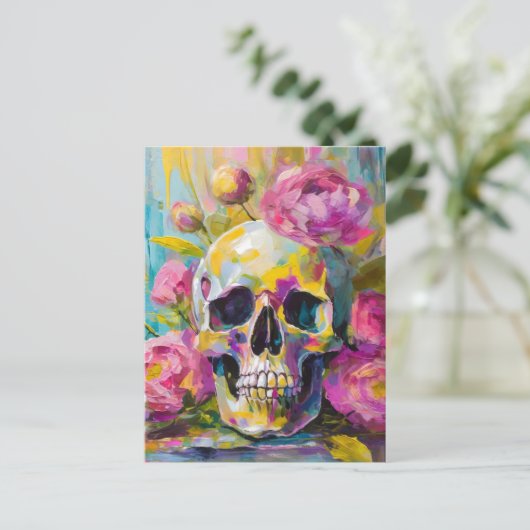Modern Art Still Life Abstracte schedel en bloemen Briefkaart (Staand voorkant)