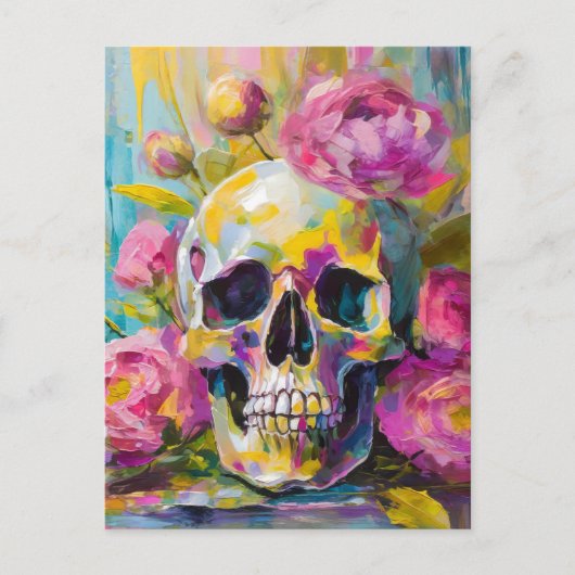 Modern Art Still Life Abstracte schedel en bloemen Briefkaart (Voorkant)