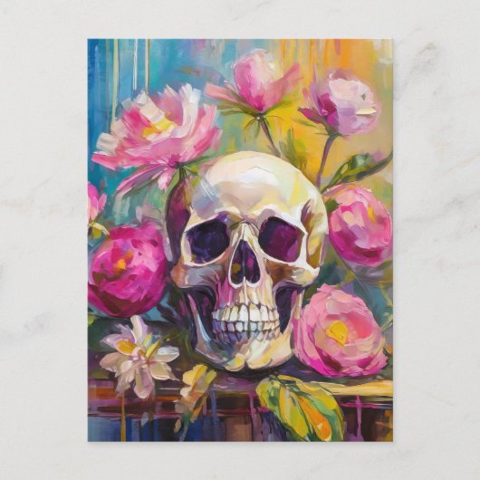 Modern Art Still Life Abstracte schedel en bloemen Briefkaart (Voorkant)