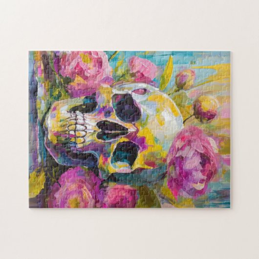 Modern Art Still Life Abstracte schedel en bloemen Legpuzzel (Horizontaal)