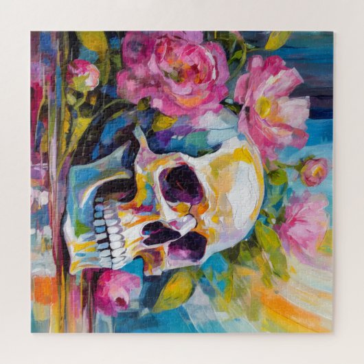 Modern Art Still Life Abstracte schedel en bloemen Legpuzzel (Horizontaal)