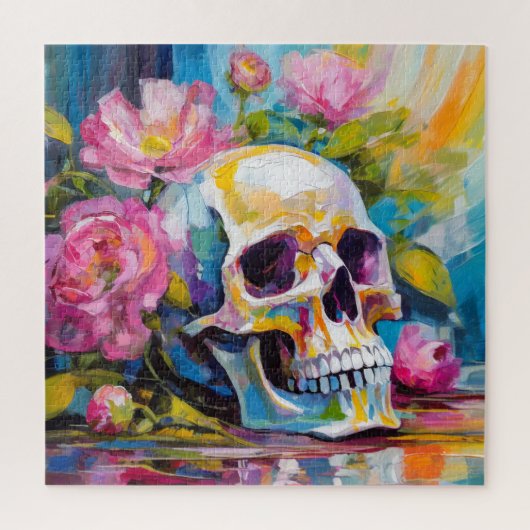 Modern Art Still Life Abstracte schedel en bloemen Legpuzzel (Verticaal)