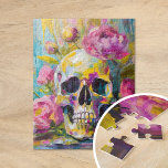 Modern Art Still Life Abstracte schedel en bloemen Legpuzzel<br><div class="desc">Een modern impressionistisch schilderij met een stilleven van een schedel omringd door levendige bloemen in heldere pastelkleuren. De zachte maar levendige penseelstreken mengen tinten roze, groen, blauw en geel, waardoor een contrast ontstaat tussen de delicate bloemen en de grimmige, symbolische schedel. Dit kunstwerk biedt een frisse kijk op het traditionele...</div>