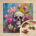 Modern Art Still Life Abstracte schedel en bloemen Legpuzzel<br><div class="desc">Een modern impressionistisch schilderij met een stilleven van een schedel omringd door levendige bloemen in heldere pastelkleuren. De zachte maar levendige penseelstreken mengen tinten roze, groen, blauw en geel, waardoor een contrast ontstaat tussen de delicate bloemen en de grimmige, symbolische schedel. Dit kunstwerk biedt een frisse kijk op het traditionele...</div>