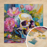 Modern Art Still Life Abstracte schedel en bloemen Legpuzzel<br><div class="desc">Een modern impressionistisch schilderij met een stilleven van een schedel omringd door levendige bloemen in heldere pastelkleuren. De zachte maar levendige penseelstreken mengen tinten roze, groen, blauw en geel, waardoor een contrast ontstaat tussen de delicate bloemen en de grimmige, symbolische schedel. Dit kunstwerk biedt een frisse kijk op het traditionele...</div>