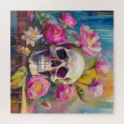 Modern Art Still Life Abstracte schedel en bloemen Legpuzzel (Horizontaal)