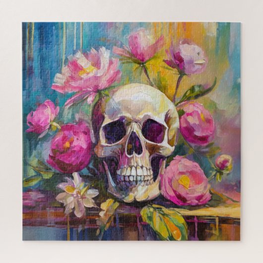 Modern Art Still Life Abstracte schedel en bloemen Legpuzzel (Verticaal)