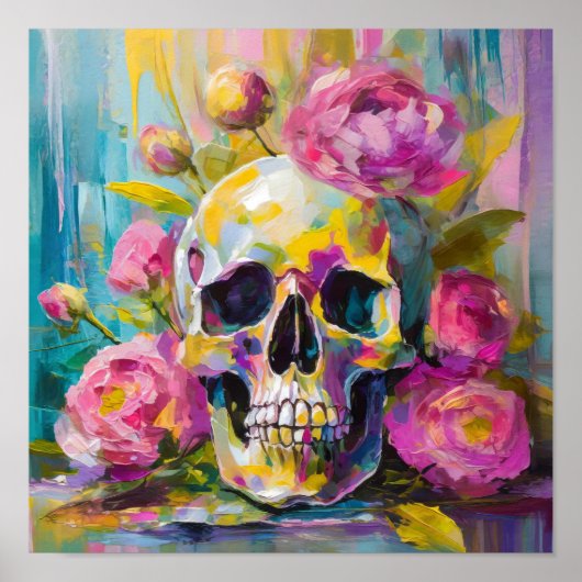 Modern Art Still Life Abstracte schedel en bloemen Poster (Voorkant)