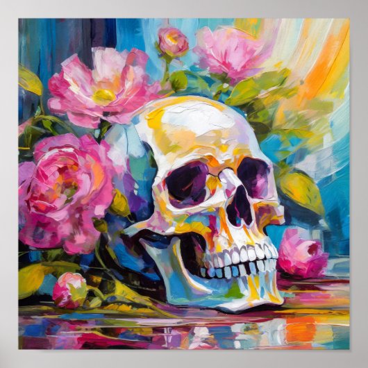 Modern Art Still Life Abstracte schedel en bloemen Poster (Voorkant)