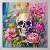 Modern Art Still Life Abstracte schedel en bloemen Poster (Voorkant)