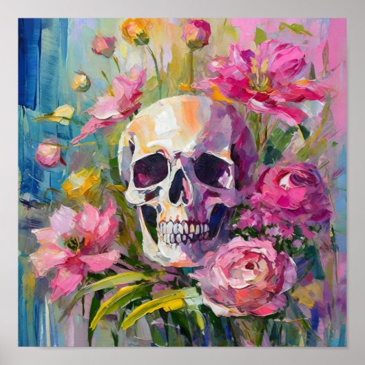 Modern Art Still Life Abstracte schedel en bloemen Poster (Voorkant)