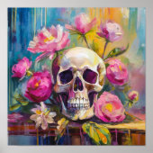 Modern Art Still Life Abstracte schedel en bloemen Poster (Voorkant)