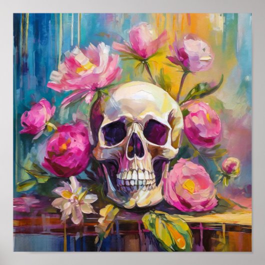 Modern Art Still Life Abstracte schedel en bloemen Poster (Voorkant)