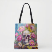 Modern Art Still Life Abstracte schedel en bloemen Tote Bag (Voorkant)