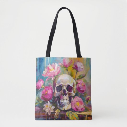 Modern Art Still Life Abstracte schedel en bloemen Tote Bag (Voorkant)