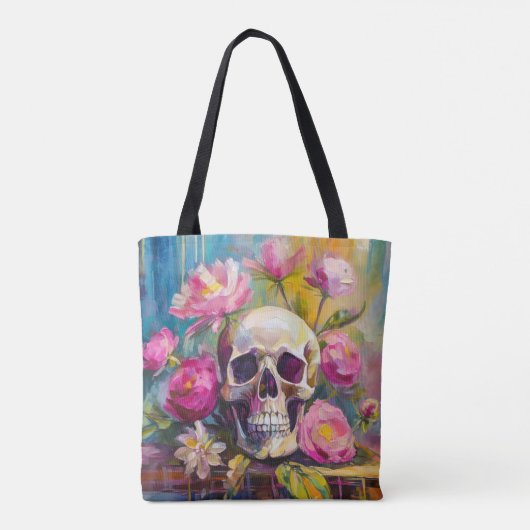 Modern Art Still Life Abstracte schedel en bloemen Tote Bag (Achterkant)