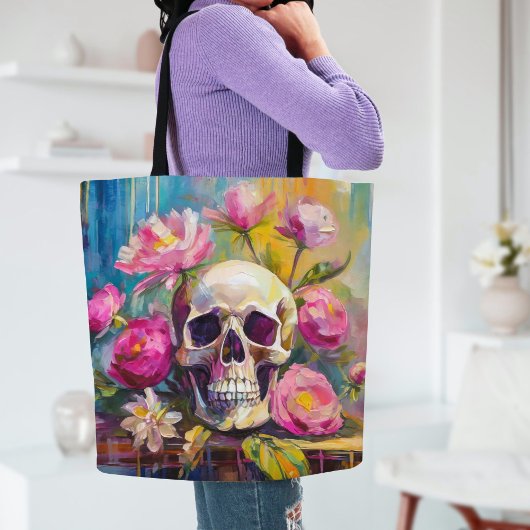 Modern Art Still Life Abstracte schedel en bloemen Tote Bag