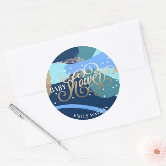Modern Art Surprise Boy Gold Lettering Baby shower Ronde Sticker (Envelop)