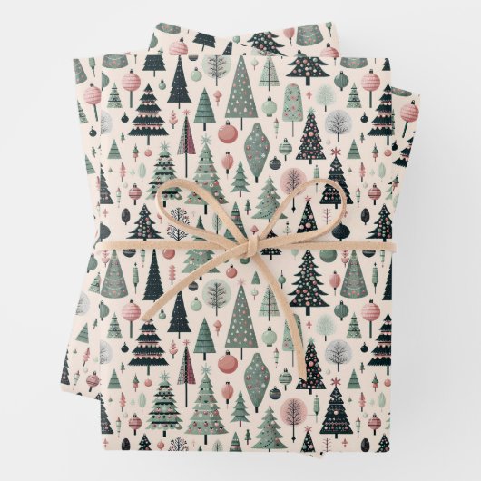 Modern Artistic Pink Tree Christmas Wrapping Paper (In situ)