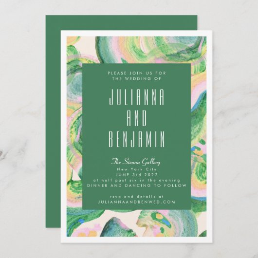 Modern Artsy Abstract Groene Waterverf Wedding Kaart (Voorkant / Achterkant)
