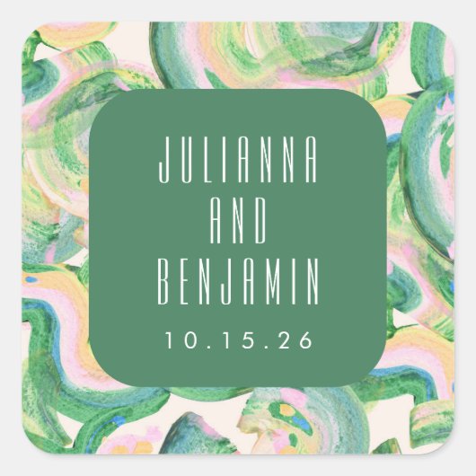 Modern Artsy Abstract Groene Waterverf Wedding Vierkante Sticker (Voorkant)