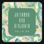 Modern Artsy Abstract Groene Waterverf Wedding Vierkante Sticker<br><div class="desc">Voeg een uniek artistiek tintje toe aan uw huwelijksgunsten met deze op waterverf geïnspireerde aangepaste stickers, met een gedurfd groen accent met stijlvolle typografie over een zacht, schilderachtig abstracte achtergrond; ideaal voor het afdichten van uitnodigingen, het decoreren van gunsttassen of het toevoegen van een gepersonaliseerde touch aan geschenken, deze levendige...</div>
