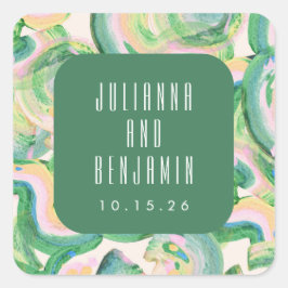 Modern Artsy Abstract Groene Waterverf Wedding Vierkante Sticker