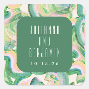 Modern Artsy Abstract Groene Waterverf Wedding Vierkante Sticker