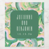 Modern Artsy Abstract Groene Waterverf Wedding Wijn Etiket (Enkel label)
