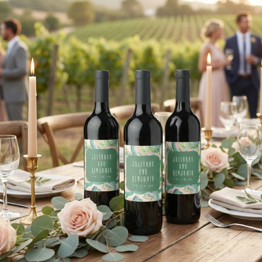 Modern Artsy Abstract Groene Waterverf Wedding Wijn Etiket