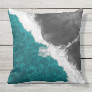 Modern Artsy Blauwgroen Blue Black Ocean Beach Wav Buitenkussen