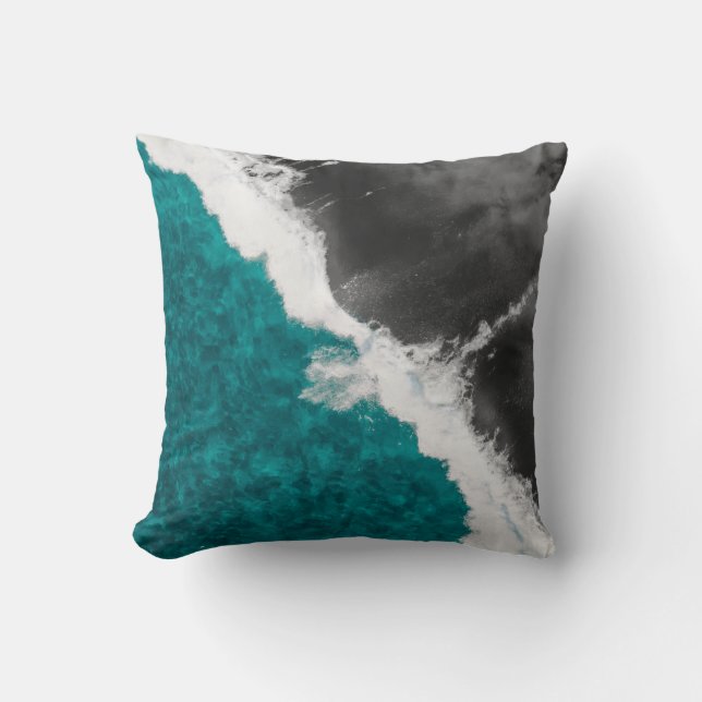 Modern Artsy Blauwgroen Blue Black Ocean Beach Wav Kussen (Voorkant)