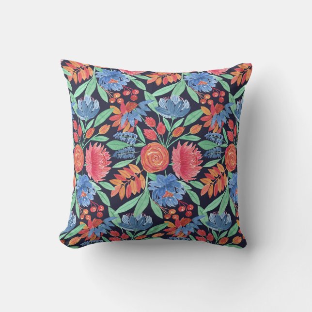 Modern Artsy Coral Blue Floral Waterverf Patroon Buitenkussen (Voorkant)
