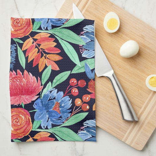 Modern Artsy Coral Blue Floral Waterverf Patroon Theedoek (Quarter Fold)