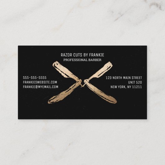 Modern Artsy Goud Zwart Scheermesjes Barber Visitekaartje (Achterkant)